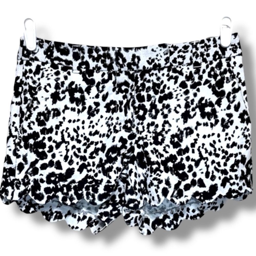 J.Crew Leopard Print Linen Shorts Black White Scalloped Hem Womens Size 4 Resort